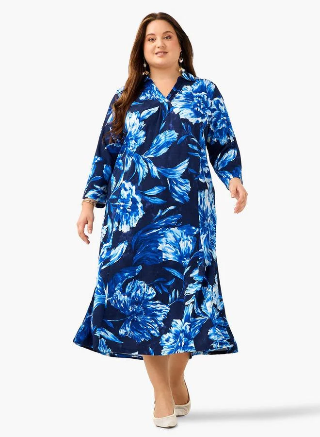 Ulla Popken Plus Size Ulla Popken Floral Print Collared Dress